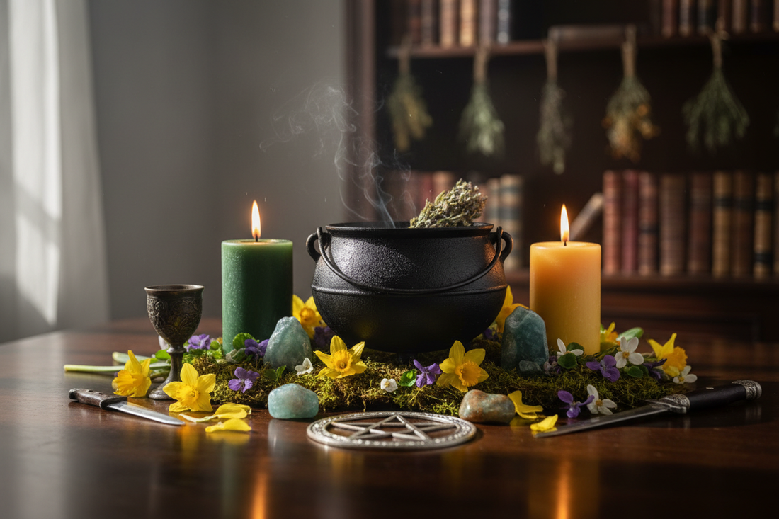 Ostara spring equinox altar with cauldron, candles, crystals, and spring flowers