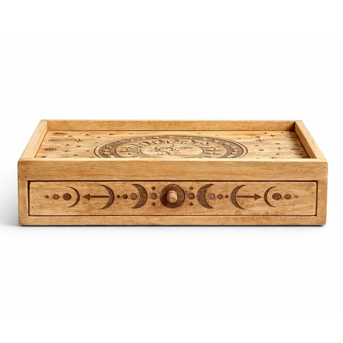 Tarot Wooden Storage Tray with Drawer – Sun & Moon Design