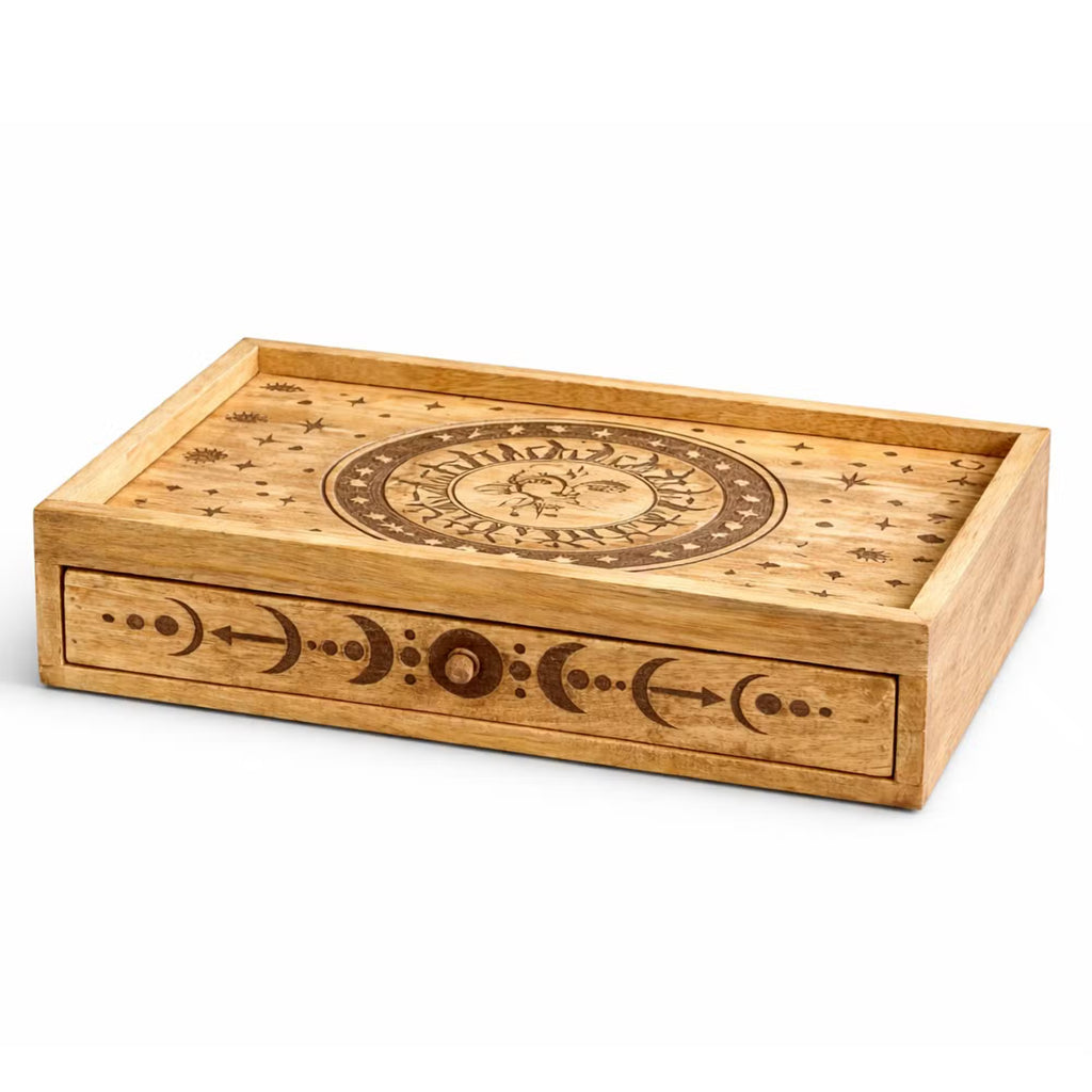 Tarot Wooden Storage Tray with Drawer – Sun & Moon Design