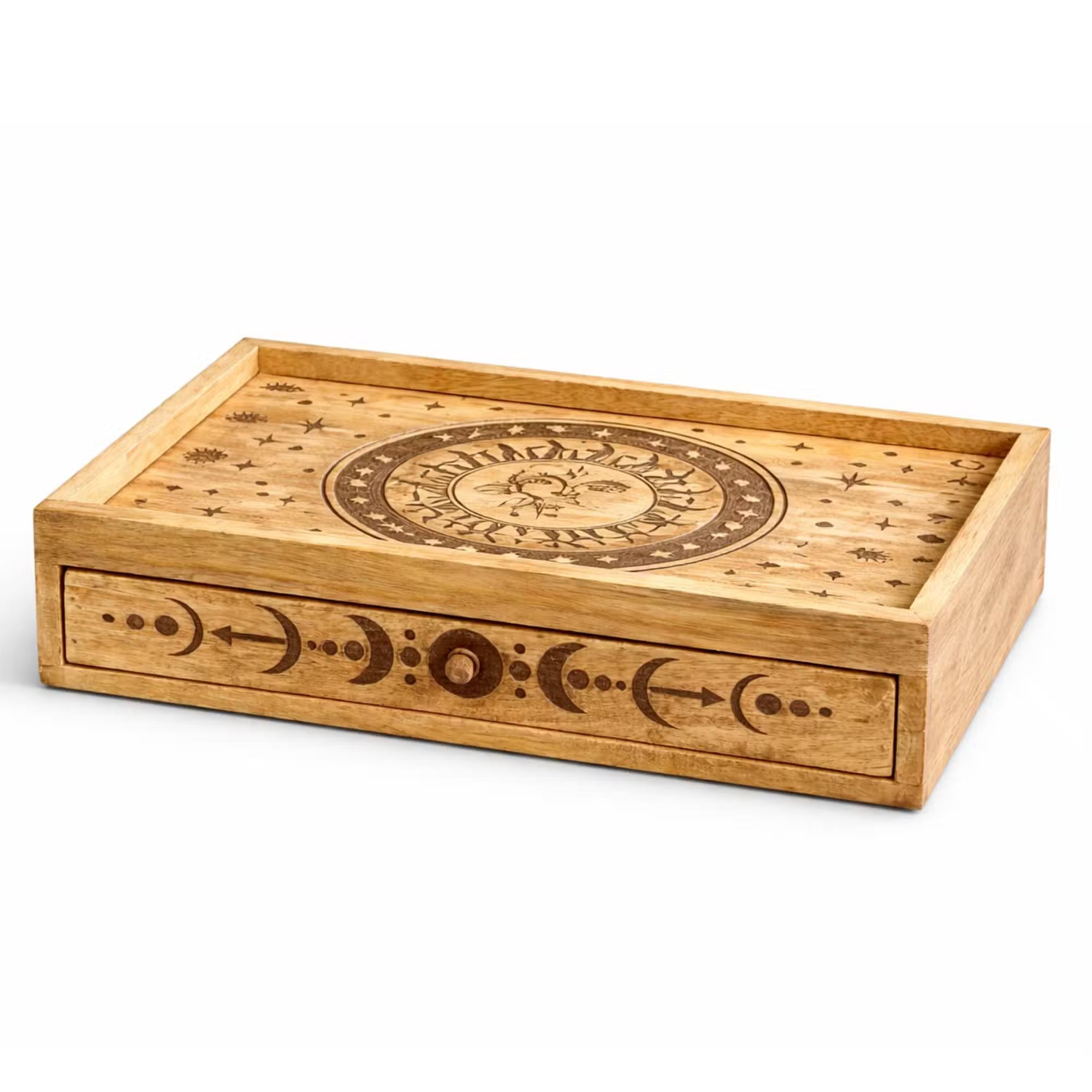 Tarot Wooden Storage Tray with Drawer – Sun & Moon Design