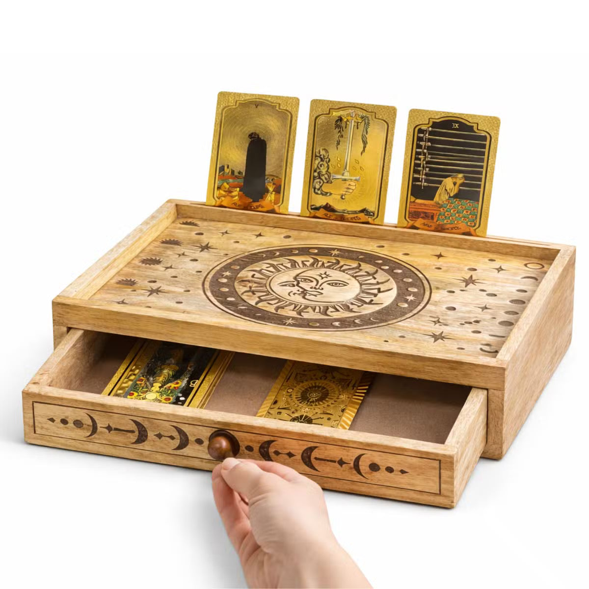 Tarot Wooden Storage Tray with Drawer – Sun & Moon Design