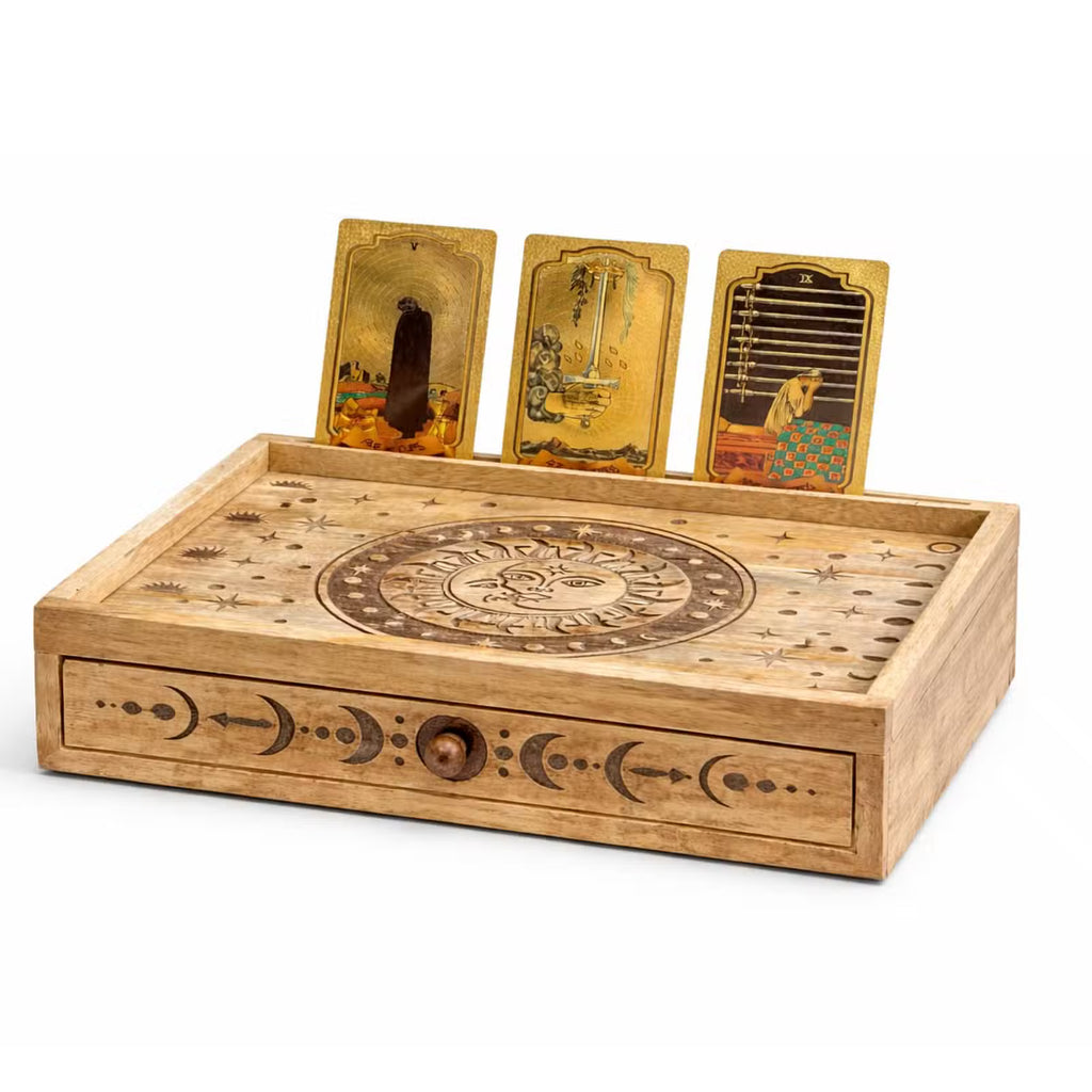 Tarot Wooden Storage Tray with Drawer – Sun & Moon Design