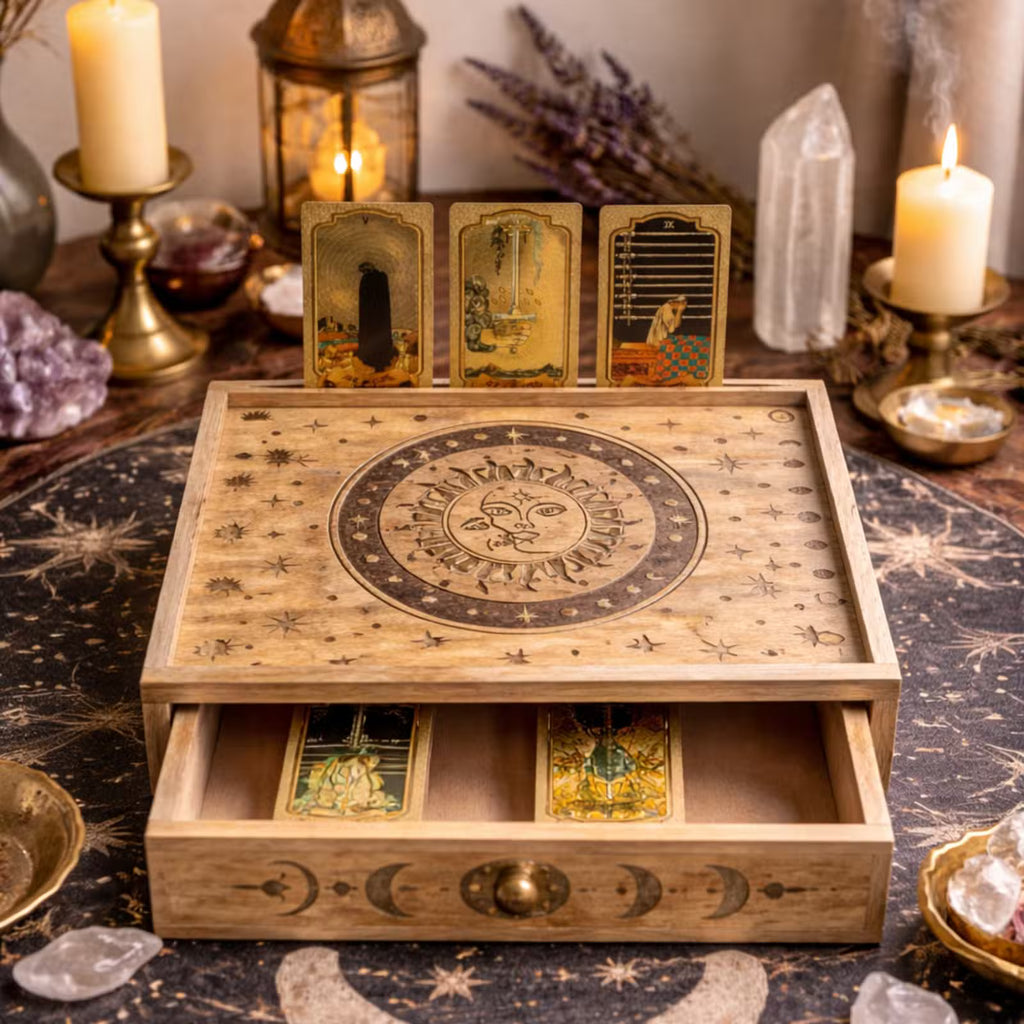 Tarot Wooden Storage Tray with Drawer – Sun & Moon Design